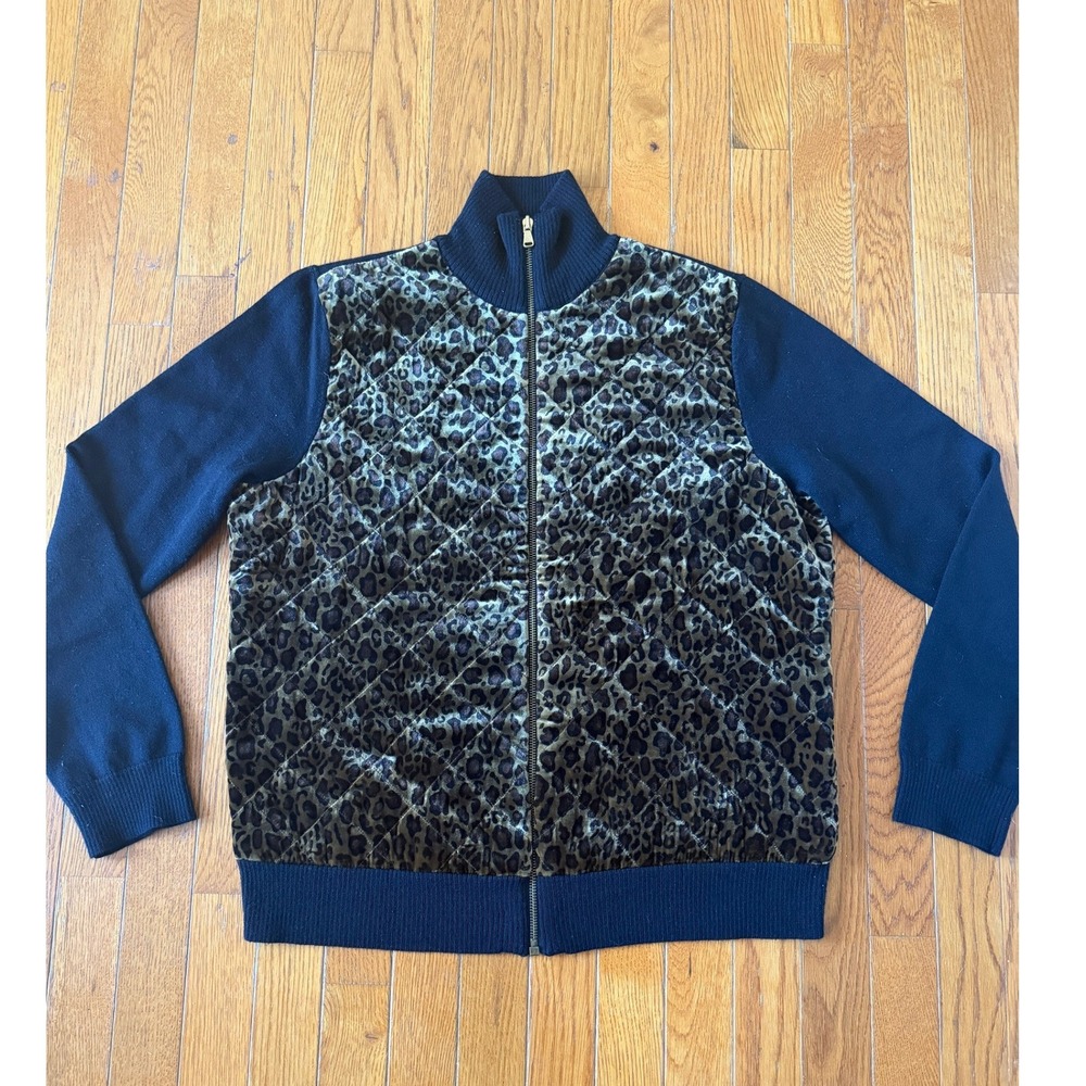 LRL Leopard Quilted Velvet Zip Bomber Jacket Wool Knit Sleeves Black Size XL